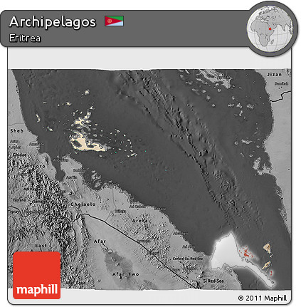 Satellite 3D Map of Archipelagos, darken, desaturated