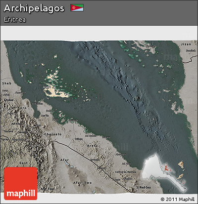 Satellite 3D Map of Archipelagos, darken, semi-desaturated