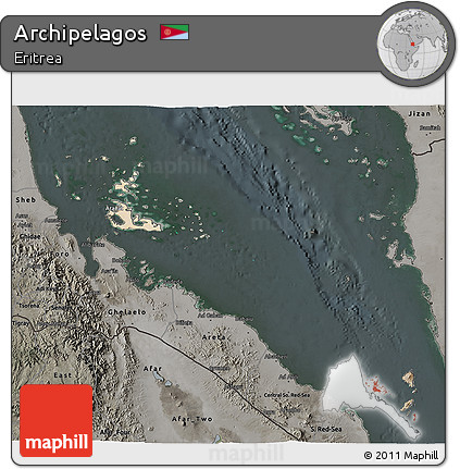 Satellite 3D Map of Archipelagos, darken, semi-desaturated