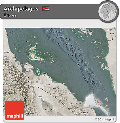 Satellite 3D Map of Archipelagos, semi-desaturated