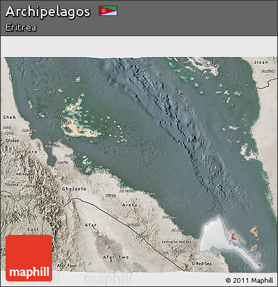 Satellite 3D Map of Archipelagos, semi-desaturated