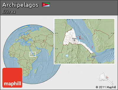 Savanna Style Location Map of Archipelagos, highlighted country, hill shading
