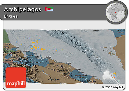 Political Panoramic Map of Archipelagos, darken, semi-desaturated