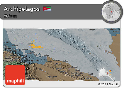 Political Shades Panoramic Map of Archipelagos, darken, semi-desaturated