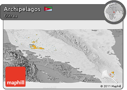 Political Shades Panoramic Map of Archipelagos, desaturated