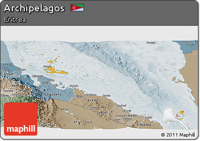 Political Shades Panoramic Map of Archipelagos, semi-desaturated