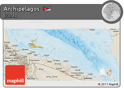 Political Shades Panoramic Map of Archipelagos, shaded relief outside