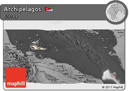 Satellite Panoramic Map of Archipelagos, darken, desaturated