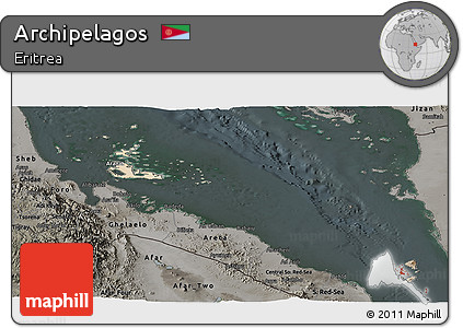 Satellite Panoramic Map of Archipelagos, darken, semi-desaturated