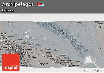 Shaded Relief Panoramic Map of Archipelagos, darken, semi-desaturated