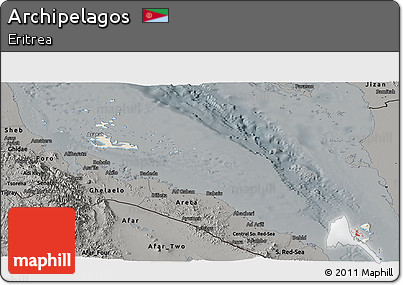 Shaded Relief Panoramic Map of Archipelagos, darken, semi-desaturated