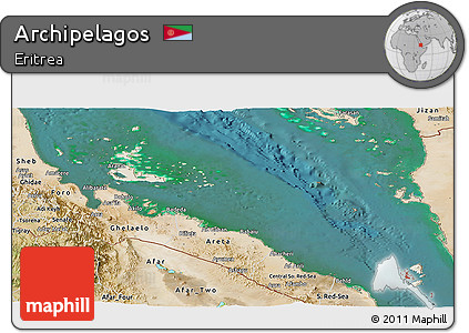 Shaded Relief Panoramic Map of Archipelagos, satellite outside