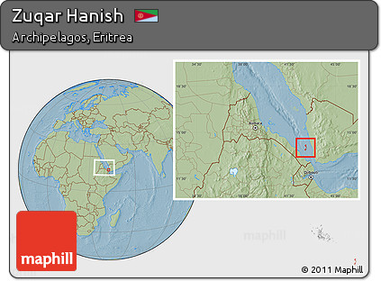 Savanna Style Location Map of Zuqar Hanish, within the entire country, hill shading