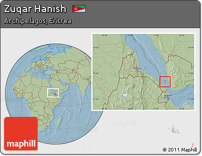 Savanna Style Location Map of Zuqar Hanish, within the entire country, hill shading