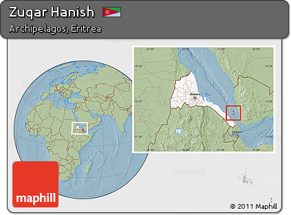 Savanna Style Location Map of Zuqar Hanish, highlighted country, highlighted parent region, within the entire country, hill shading