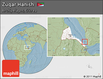 Savanna Style Location Map of Zuqar Hanish, highlighted country, highlighted parent region, within the entire country, hill shading