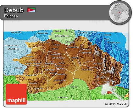 Physical 3D Map of Debub, political shades outside