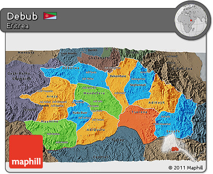 Political 3D Map of Debub, darken, semi-desaturated