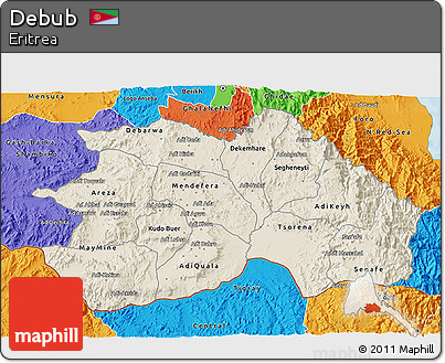 Shaded Relief 3D Map of Debub, political outside
