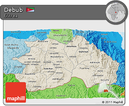 Shaded Relief 3D Map of Debub, political shades outside