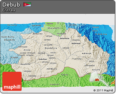Shaded Relief 3D Map of Debub, political shades outside