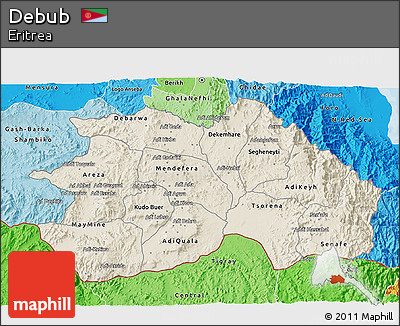Shaded Relief 3D Map of Debub, political shades outside