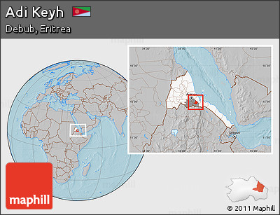 Gray Location Map of Adi Keyh, highlighted country, highlighted parent region, within the entire country, hill shading