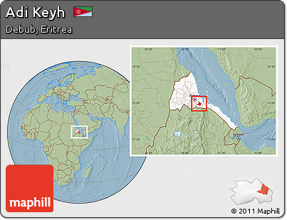 Savanna Style Location Map of Adi Keyh, highlighted country, within the entire country, hill shading
