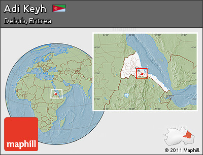 Savanna Style Location Map of Adi Keyh, highlighted country, within the entire country, hill shading
