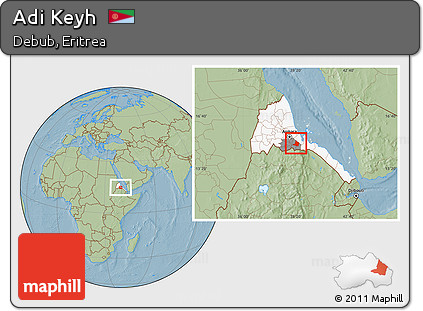 Savanna Style Location Map of Adi Keyh, highlighted country, highlighted parent region, hill shading