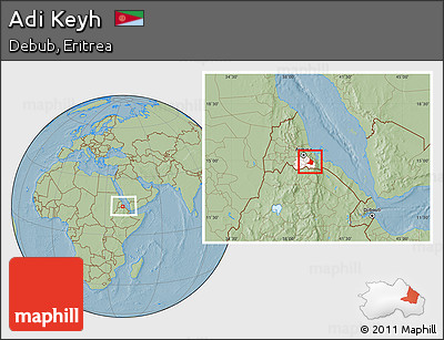 Savanna Style Location Map of Adi Keyh, highlighted parent region, within the entire country, hill shading