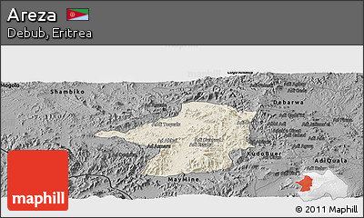 Shaded Relief Panoramic Map of Areza, darken, desaturated