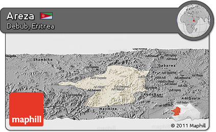 Shaded Relief Panoramic Map of Areza, darken, desaturated