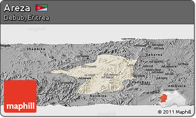 Shaded Relief Panoramic Map of Areza, darken, desaturated