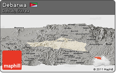 Shaded Relief Panoramic Map of Debarwa, darken, semi-desaturated