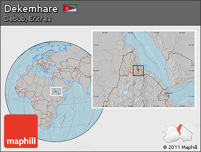 Gray Location Map of Dekemhare, within the entire country, hill shading