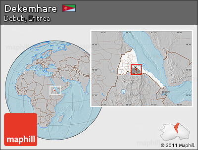 Gray Location Map of Dekemhare, highlighted country, highlighted parent region, within the entire country, hill shading