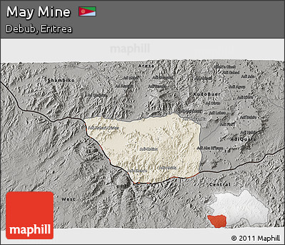 Shaded Relief 3D Map of May Mine, darken, semi-desaturated