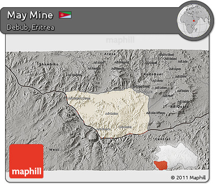 Shaded Relief 3D Map of May Mine, darken, semi-desaturated