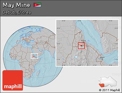 Gray Location Map of May Mine, within the entire country, hill shading