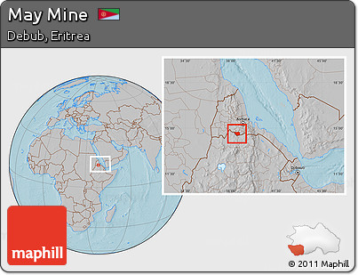 Gray Location Map of May Mine, within the entire country, hill shading
