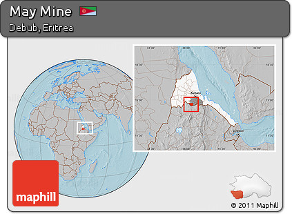 Gray Location Map of May Mine, highlighted country, highlighted parent region, within the entire country, hill shading