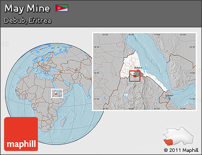 Gray Location Map of May Mine, highlighted country, highlighted parent region, within the entire country, hill shading