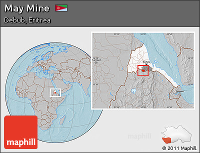 Gray Location Map of May Mine, highlighted country, highlighted parent region, hill shading