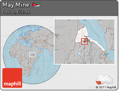 Gray Location Map of May Mine, highlighted country, highlighted parent region, hill shading