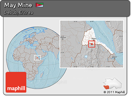 Gray Location Map of May Mine, highlighted country, hill shading