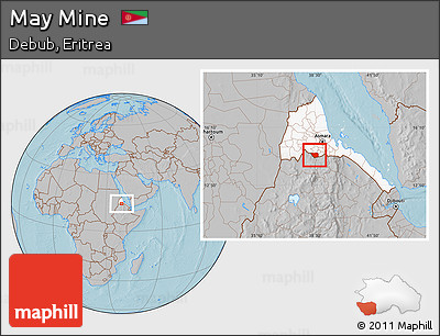 Gray Location Map of May Mine, highlighted country, hill shading