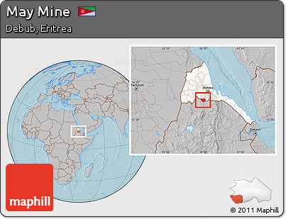 Gray Location Map of May Mine, highlighted country, hill shading