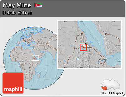 Gray Location Map of May Mine, highlighted parent region, within the entire country, hill shading