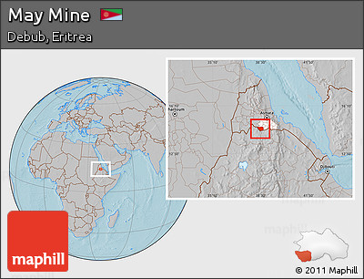 Gray Location Map of May Mine, highlighted parent region, hill shading